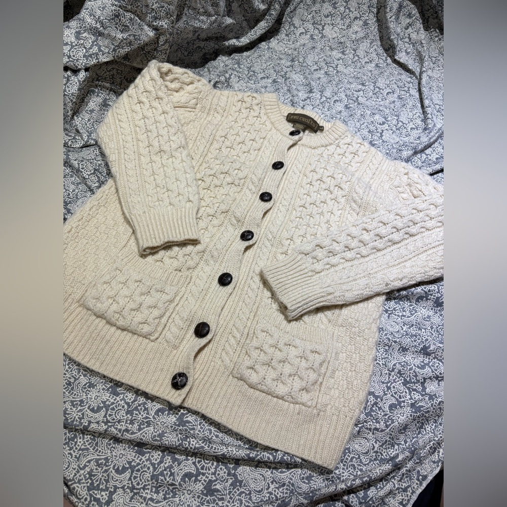Cable-Knit Wool Button-Front Cardigan Sweater - Cream